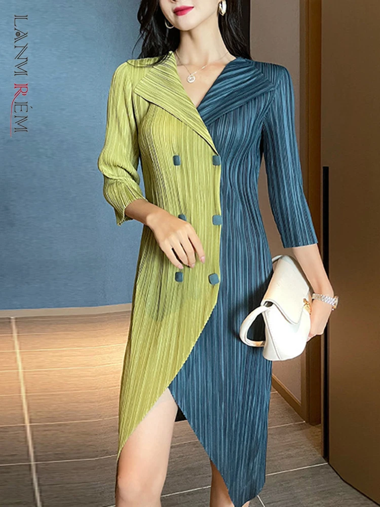 

LANMREM Pleated Patchwork Irregular Dress Women Double Breasted Color Block Dresses 2022 Summer Female Party Clothing 2R4660