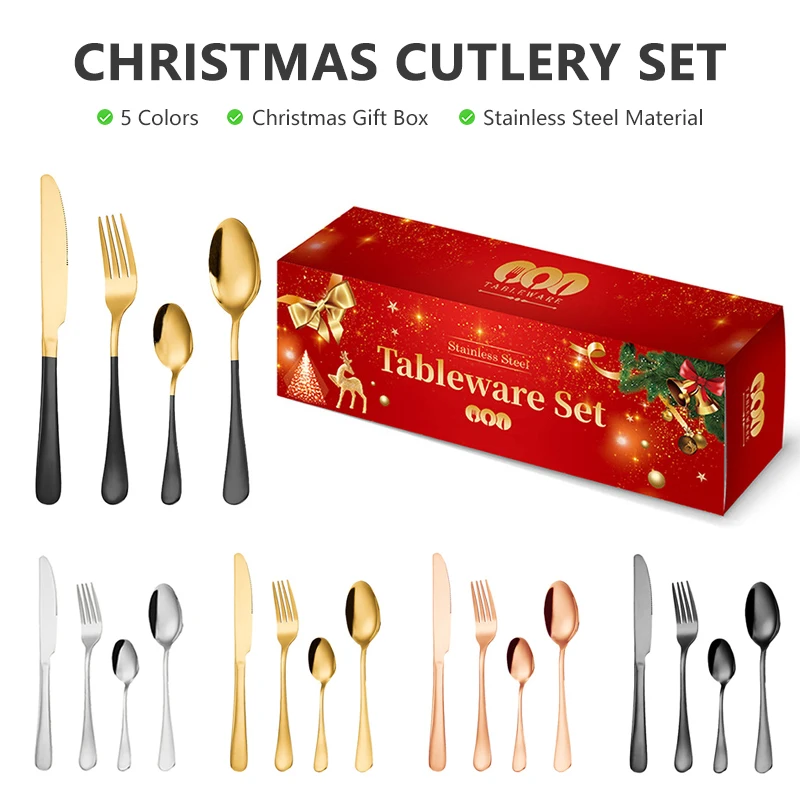 

16PCS Cutlery Set Stainless Knife Fork Spoon Flatware Tableware Gold Christmas Gift Box Dinnerware Dishwasher Safe Kitchenware