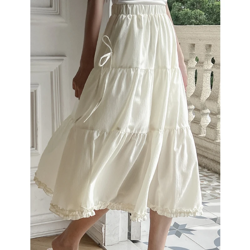 

Women Elastic High Waist Lace-up Pleated Chiffon A-line Long Skirts fall vintage Clothes Female