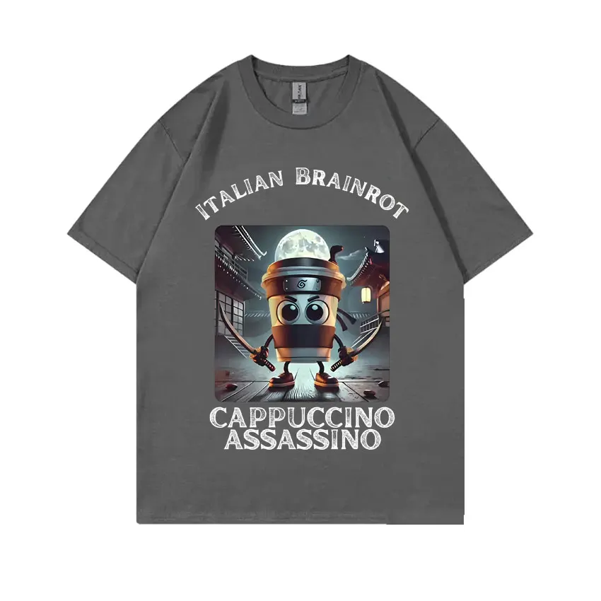 Фото Итальянская футболка Brainrot Cappuccino Assasino, забавная футболка с мемом для мужчин и женщин, повседневная футболка с шуткой и юмором, винтажные футболки унисекс большого размера №4