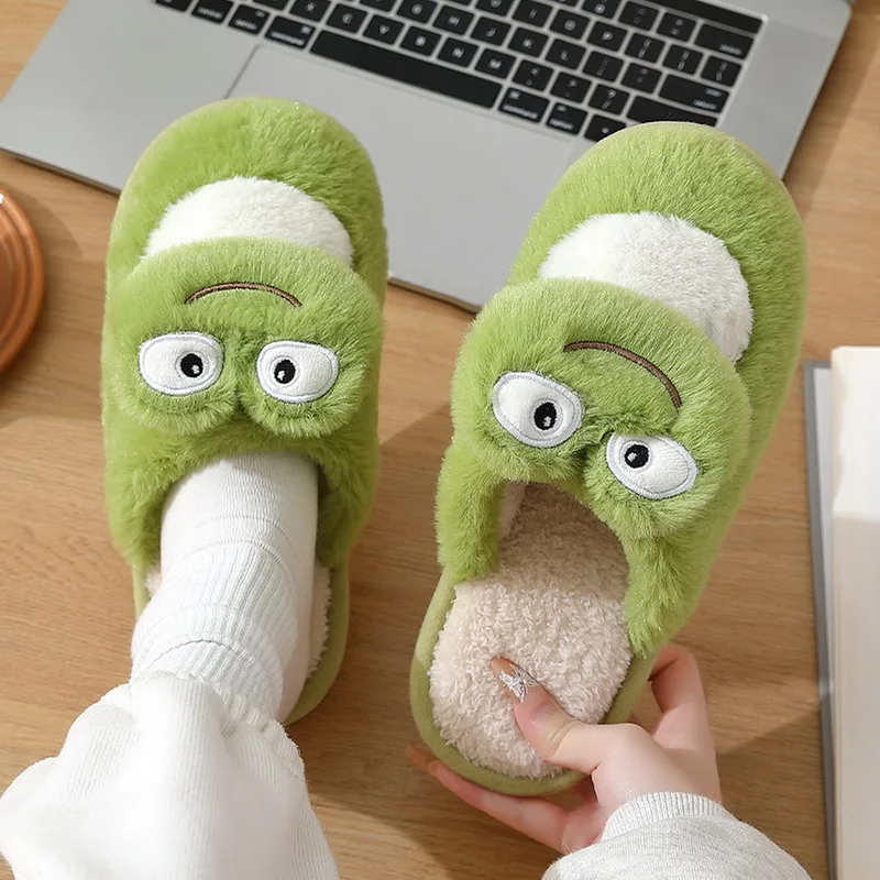 

Funny Eyes Frog Slippers Men Women Warm Home Shoes Winter Fur Slides Man Animal Furry Slippers Unisex Indoor Shoes Open Toe