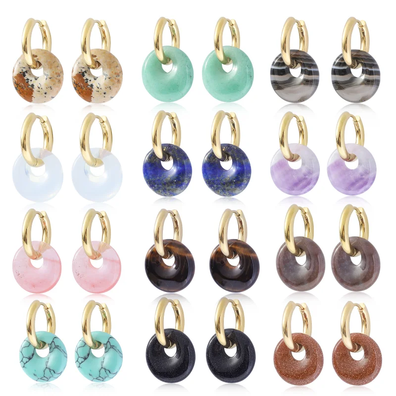

8pairs 18mm Gogo Donut Stone Earrings 20mm Stainless Steel Hoop Clip Stud Lucky Buckle Reiki Healing Quartz Chakra Jewelry