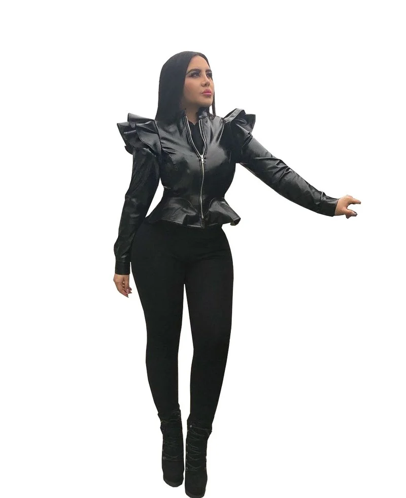 Fashion Casual Womens Ruffled Leather Coat Solid Faux Fur Coat Women Jacket