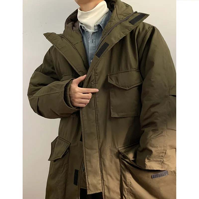 Winter Jacket Men Warm Fashion Retro Pocket Long Down Jacket Men Korean Loose Oversized Thick Hooded Coat Mens Parker Overcoat