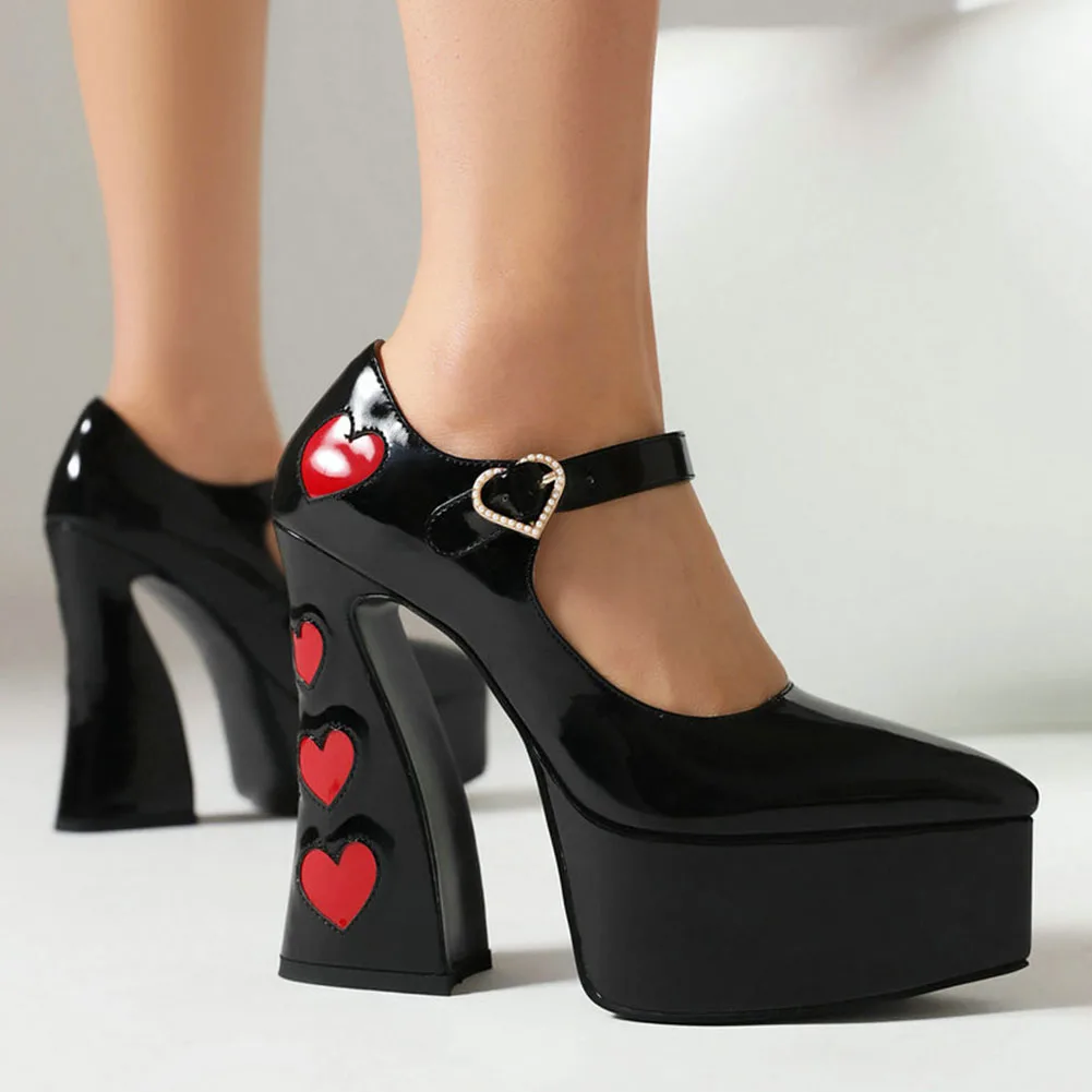 

Platform Pumps Round Toe Chunky Block Heel Ankle Strap With Heart 2023 Spring Brand New High Heels Mary Janes Women Shoes