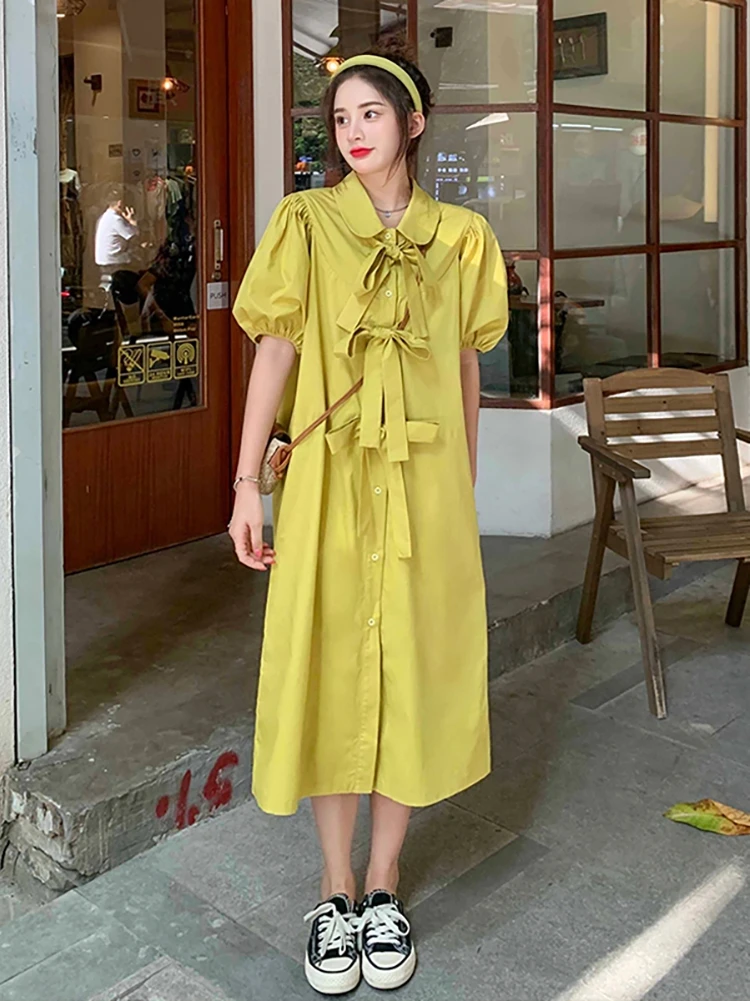 

Korean Preppy Style Sweet Girly Dress Womens Kawaii Loose Single-Breasted Dress Vintage Bow Puff Sleeve Shirt Dress Long Dresses