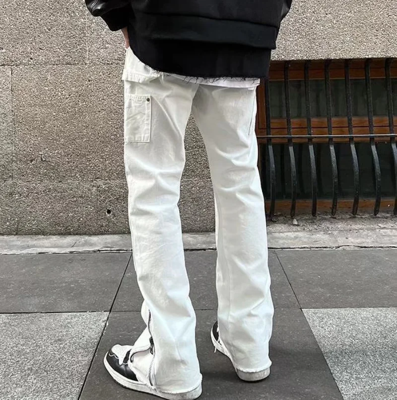 Hip Hop White Straight Ripped Casual Mens Jeans Pants Both Side Tassel Wide Leg Streetwear Denim Trousers Oversized Men Clothing