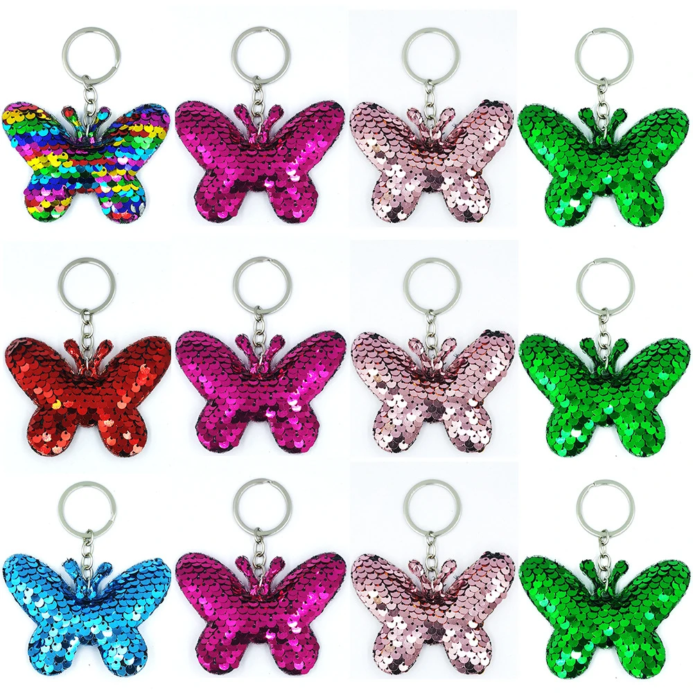 Fashion Reversible Butterfly Sequin Keychains Backpack Charms Animal Glitter Flip Keyrings For Kids Birthday Party Favors Gifts