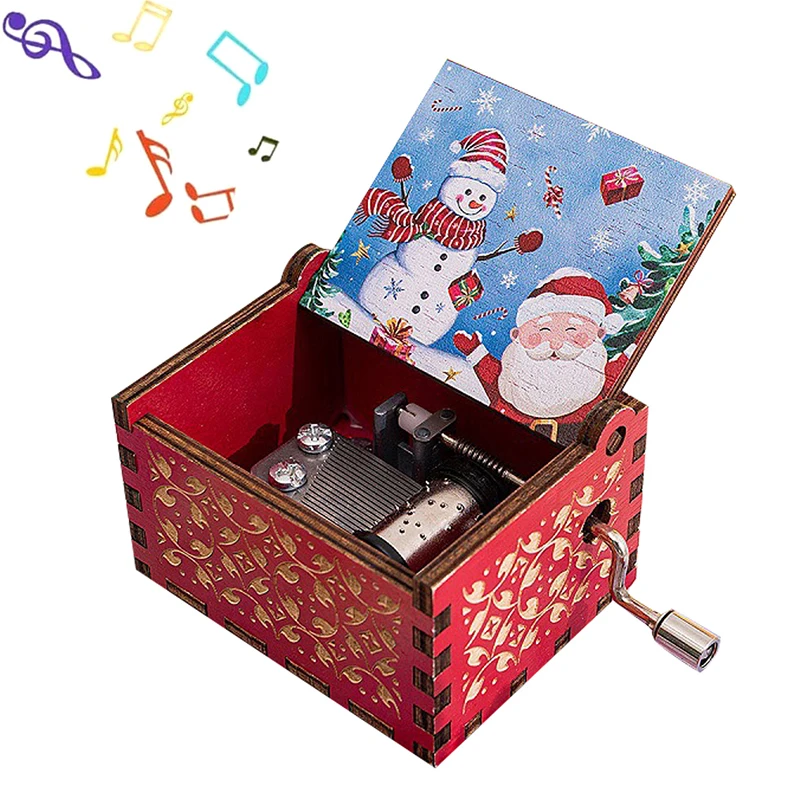 Carving Wooden Hand Crank Music Box Merry Christmas Decoration Home Christmas Birthday Gift