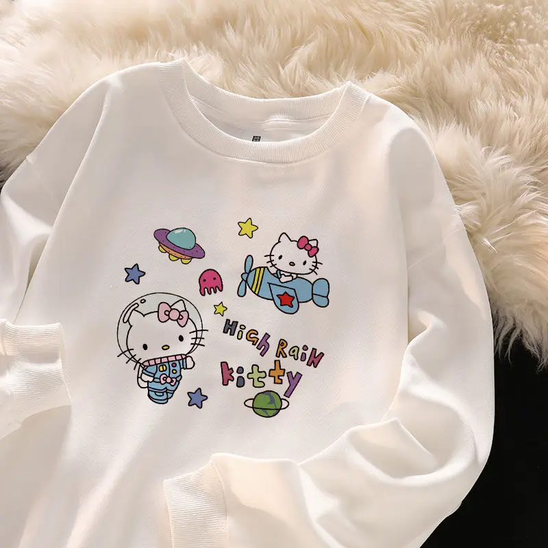 

Hello Kitty Anime Peripheral Cartoon Creative Sweater Women's Long-sleeved Loose Couple's Top To Keep Warm in Autumn and Winter