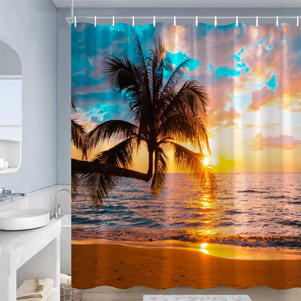 

Dusk Ocean Landscape Shower Curtains Sunset Palm Trees Sea Waves Beach Nature Scenery Home Bathroom Curtain Decor Set with Hooks