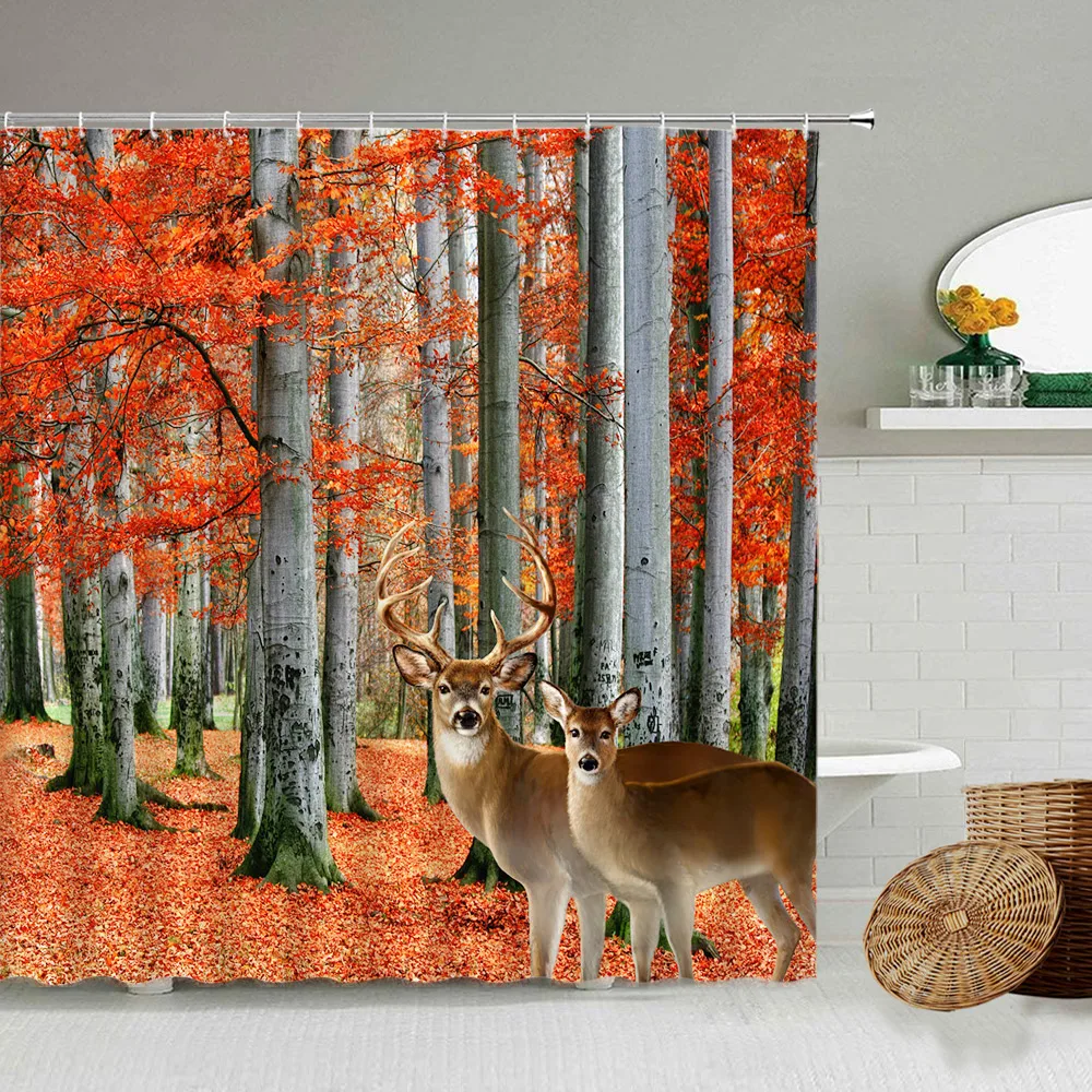

Autumn Forest Elk Shower Curtains Red Maple Trees Fallen Leaves Farm Animals Deer Nature Scenery Bathroom Curtain Set Home Decor