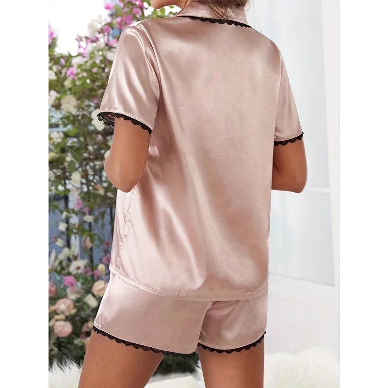 Women's imitation silk pajamas summer short-sleeved pajamas cardigan leisure lace home clothes set