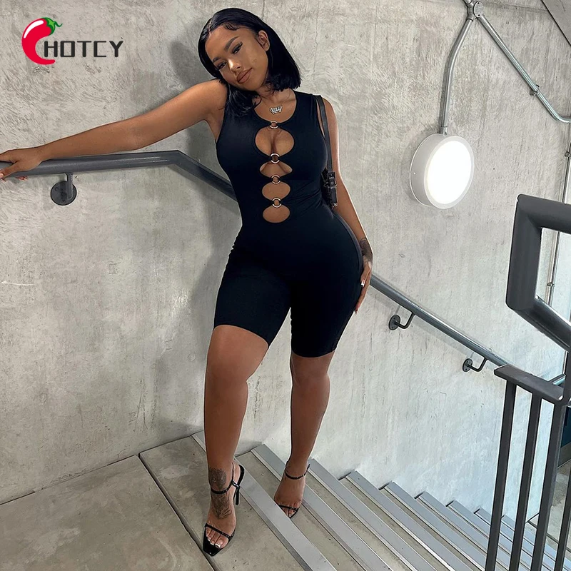 HOTCY 2022 Summer Clothes Sexy Party Club Outfit Solid Cut Out Metal Ring Ties Bodycon Playsuit
