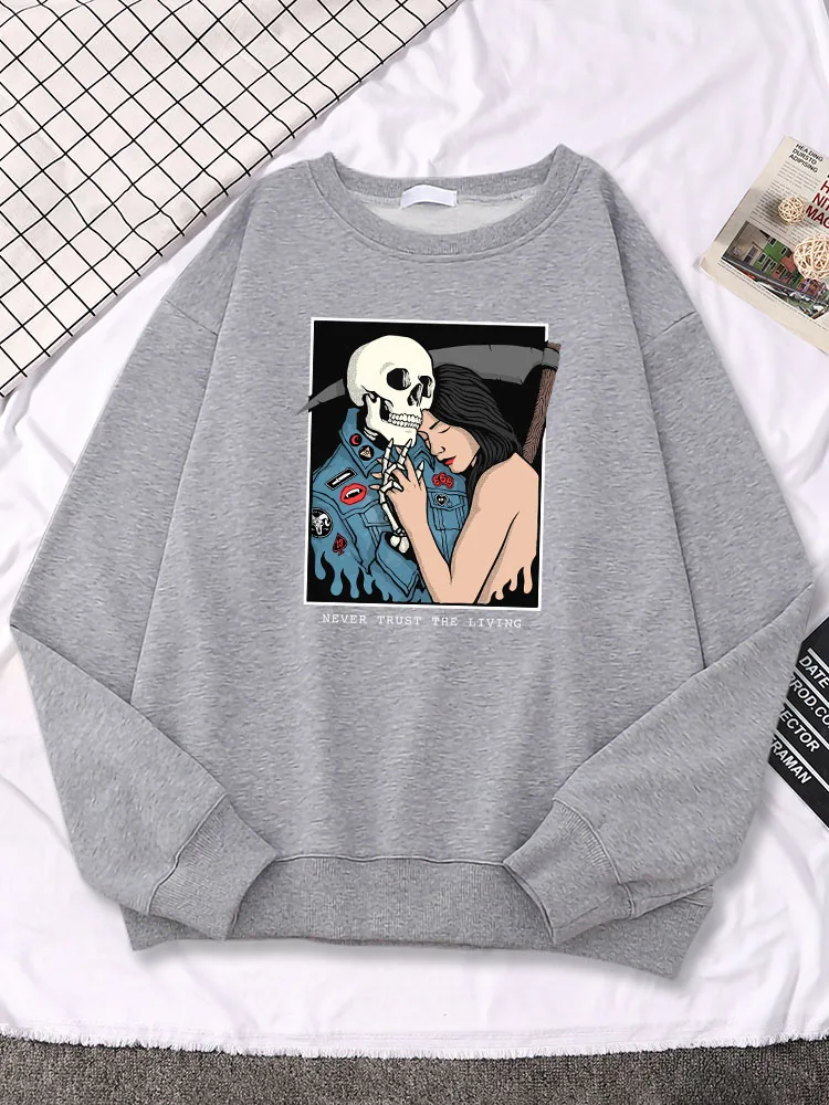 

Skeleton Cowboy With Scythe And His Lover Printing Womans Hoodie Loose Personality Sweatshirt Fashion O-Neck Women Long Sleeves