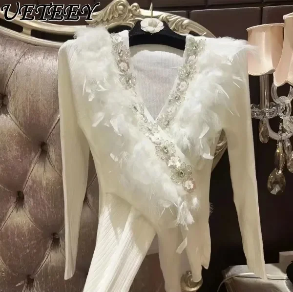 Вязаный свитер с блестками и цветами перьями для тяжелой промышленности джемпер