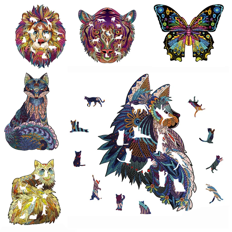 

DIY Unique Wooden Animal Shape Mysterious Jigsaw Puzzles Wolf Fox Owl Koala Lion For Adult Educational Children's Toys Gift