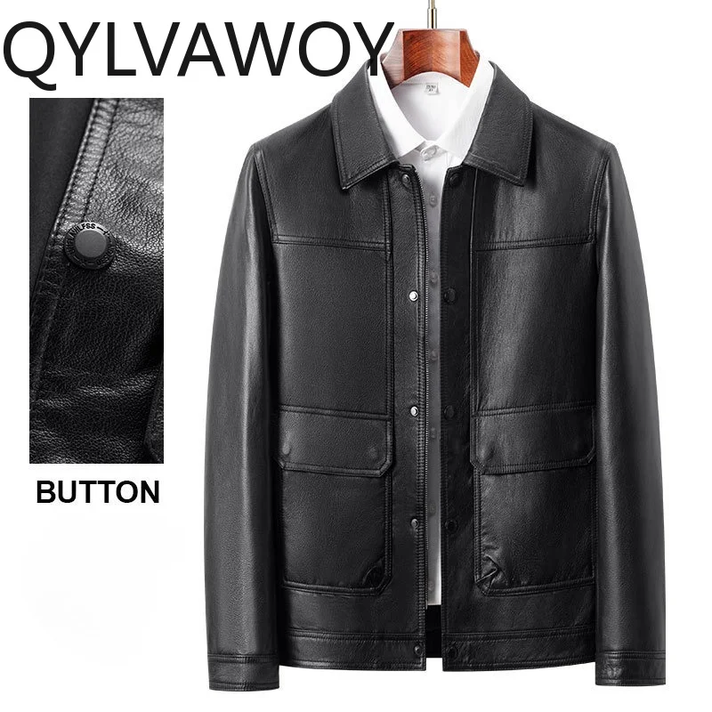 Фото QYLVAWOY Куртки из натуральной коровьей кожи для мужчин, деловые повседневные пальто с отложным воротником, высококачественная короткая куртка, осенне-зимняя куртка №2