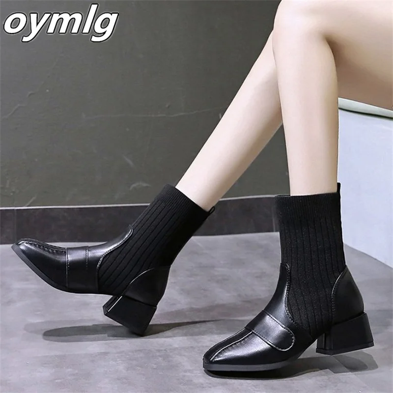 2022 new autumn and winter square head knitted thick heel short boots women's square head thin women's boots trend