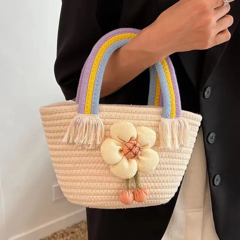 2022 Summer Women Straw Bags Trend Designer Rainbow Handle Tassels Handbag Cotton Woven Bag Large Capacity Female Beach Tote