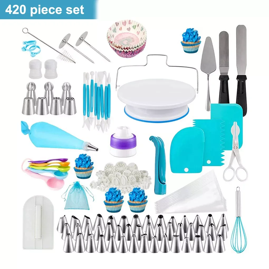 

420 Pcs Cake Rotary Turntable Set Kitchen Baking Nozzle Kit Molds Piping Decorating Tools Household Bakeware Accessories