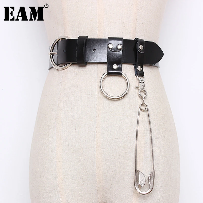 

[EAM] 2022 Spring Summer Woman Stylish Black Color Spliced Sliver Pendant Ring Belt Buckle PU Leather Waistband Long Belt LD0327