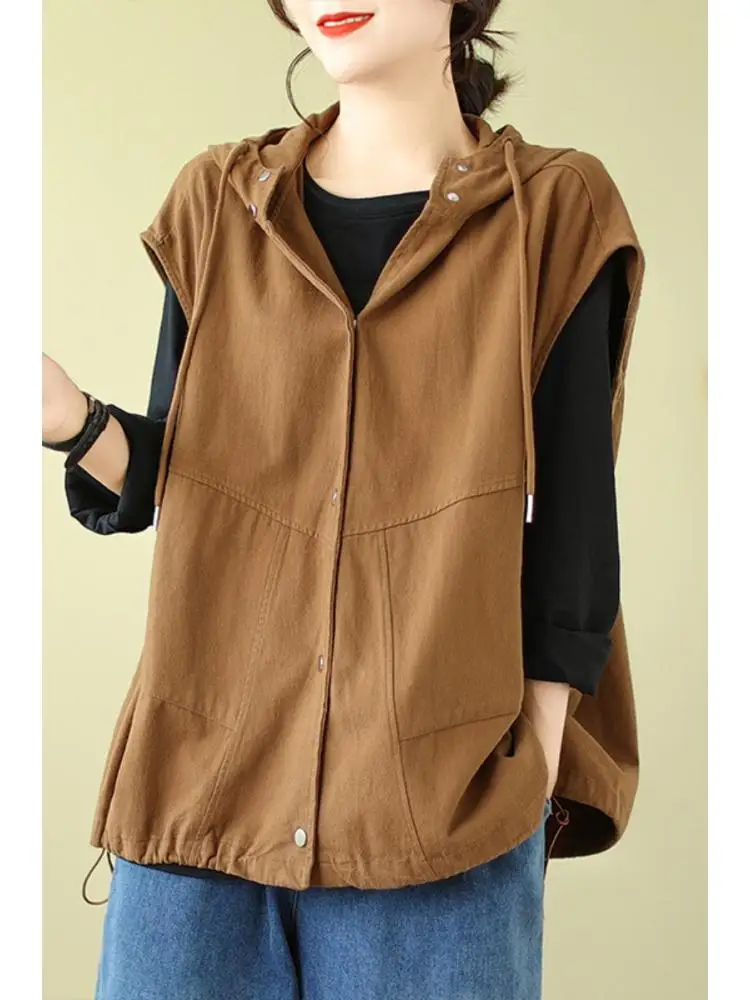 

Жилет женский однобортный с капюшоном, модный винтажный Повседневный жилет на шнуровке, уличная одежда без рукавов, верхняя одежда