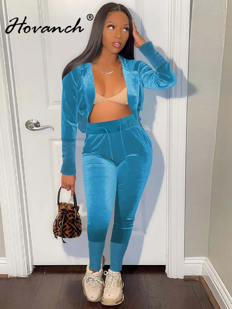 

Hovanch Velvet Two-Piece Women's Long Sleeve Zipper Short Hoodie And Trousers Set 2022 Autumn Casual Fitness Sportswear