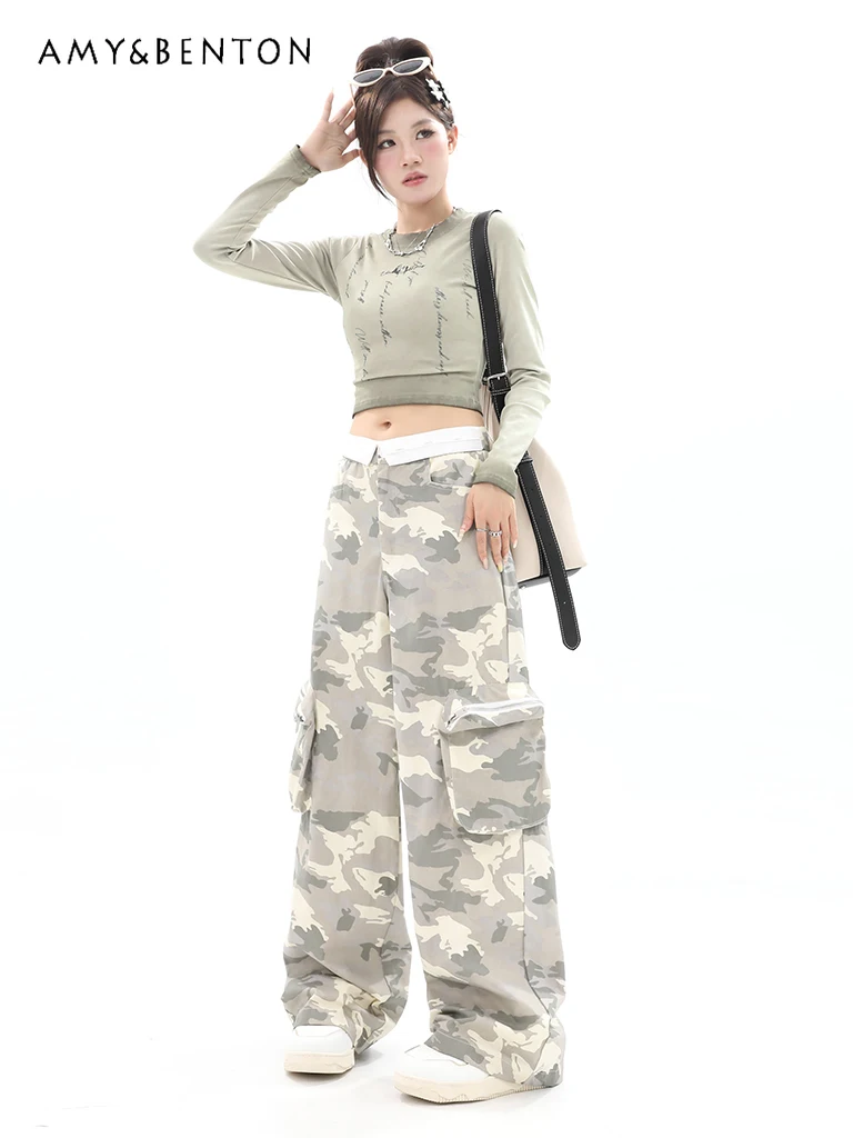 

Облегающая футболка с длинным рукавом в американском ретро-стиле, камуфляжные брюки-карго с высокой талией, Осенний новый милый крутой комплект из двух предметов