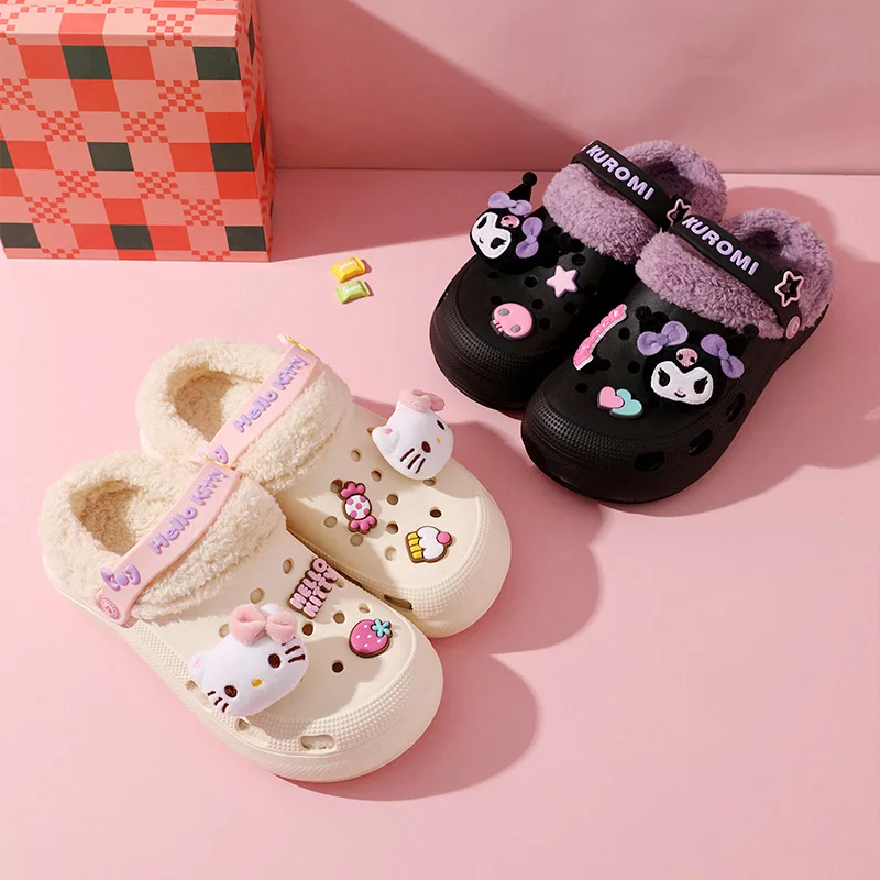 

Мюли Sanrios женские плюшевые, теплые зимние тапки с рисунком аниме Китти куроми, Симпатичные мягкие Нескользящие, домашние тапочки для пар, подарок
