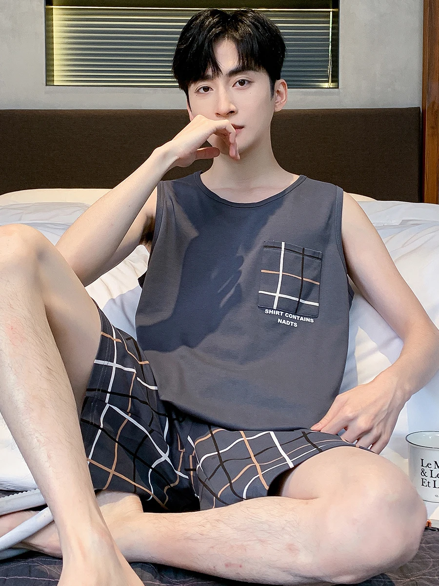 Пижама Мужская Летняя хлопковая Новинка 2024 жилет без рукавов мужские летние