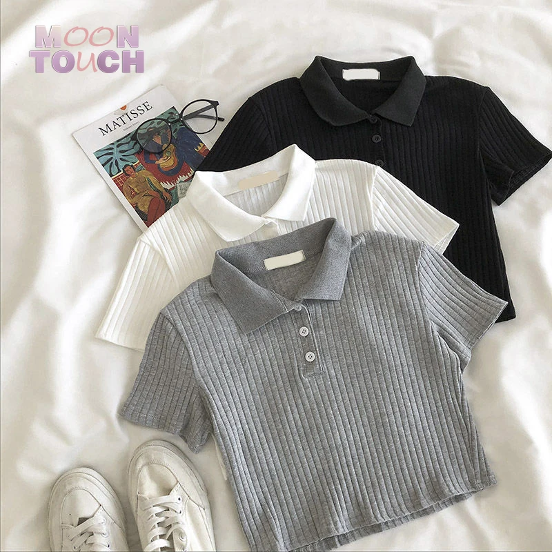 

Summer Sexy Fashion Korean Loose Crop Tops Women Turn-down Collar Knitted T-shirts Short Sleeve T Shirt Female Tee Shirt Femme