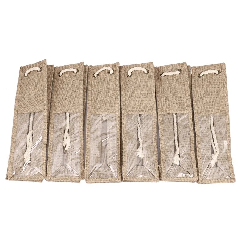 

6Pack Burlap Wine Bags Wine Gift Bags With Ropes, 4X15in Single Reusable Wine Bottle Packaging Bags
