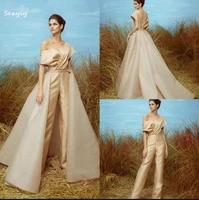 elegant gold evening dress jumpsuit with detachable train sexy one shoulder satin prom dresses 2022 robe de soir%c3%a9e de mariage