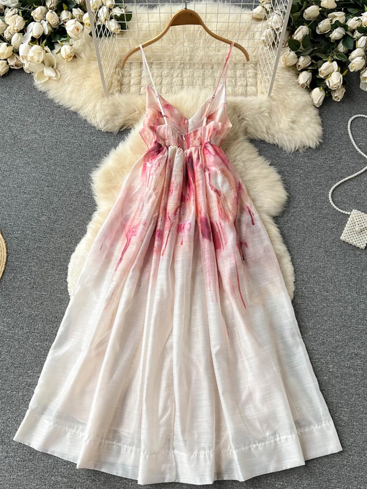 

Fitaylor Summer New WomenV-neck Vintage Printed Sleeveless Dress Fashion Casual High Waist Slim Spaghetti Strap A-Line Dresses