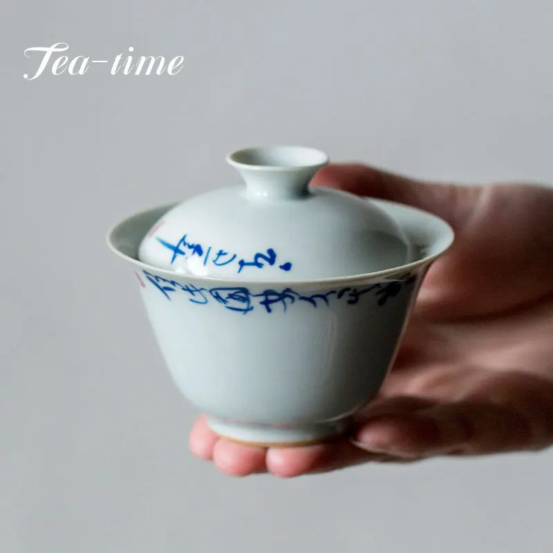 

130ml Antique Handwritten Poetry and Prose Ceramic Tea Tureen Blue and White Cover Bowl Handmade Tea Maker Gaiwan Kung Fu Teaset