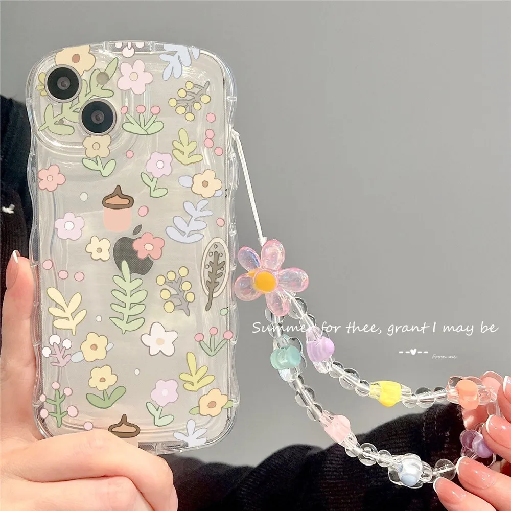 Cute 3D Flower Bracelet Wrist Chain Lanyard Clear Soft Phone Case for iphone 13 14 Pro Max 11 12 XR XS X 7 8 Plus 14 Back Cover