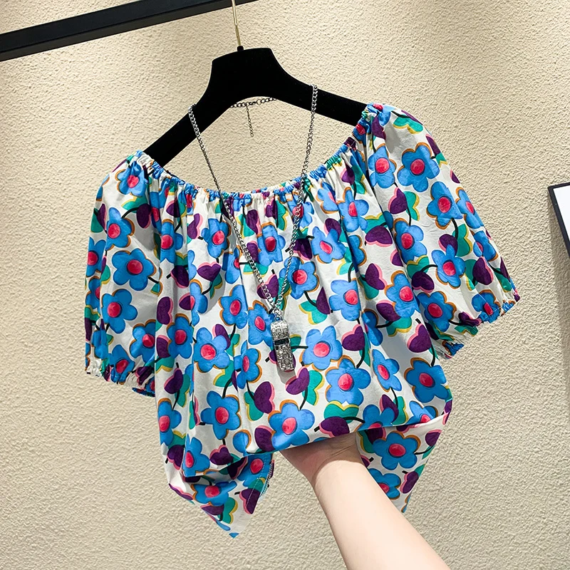 

Женская блузка с вырезом лодочкой и цветочным рисунком, летняя Новинка 2022, милый стиль, свободные элегантные офисные топы с пышными рукавам...