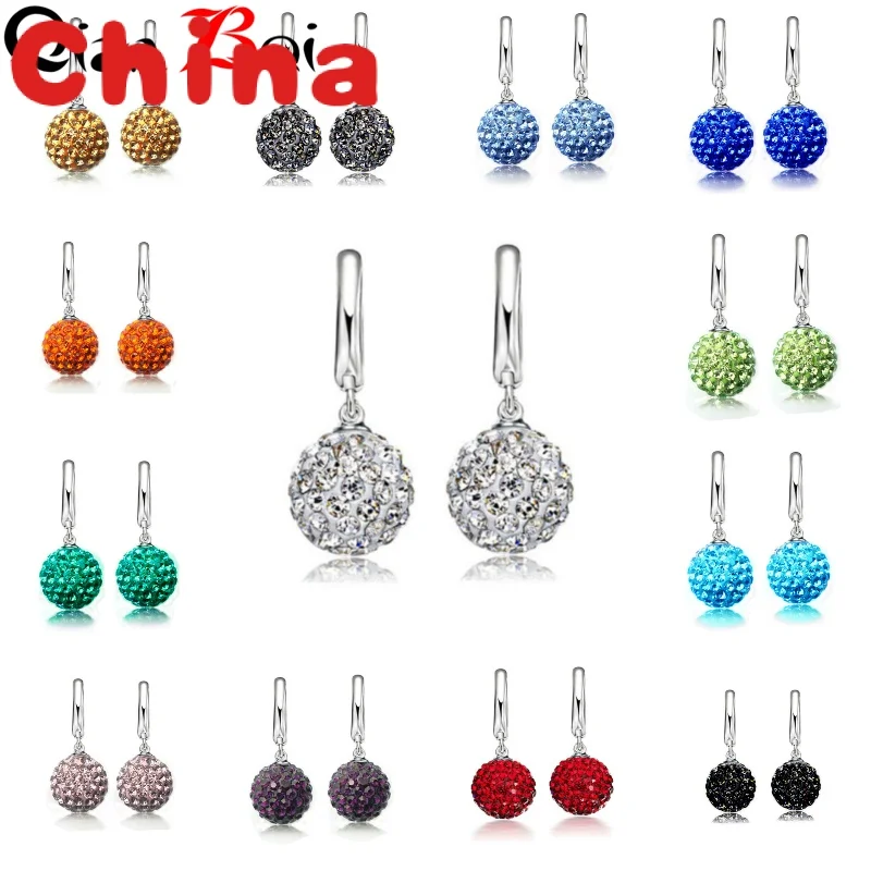 

Hot Sale Multi Color 1 Pair Real Pure 925 Sterling Silver Austrian Pave Disco Ball Hoop Lever Back Earring Woman Jewelry