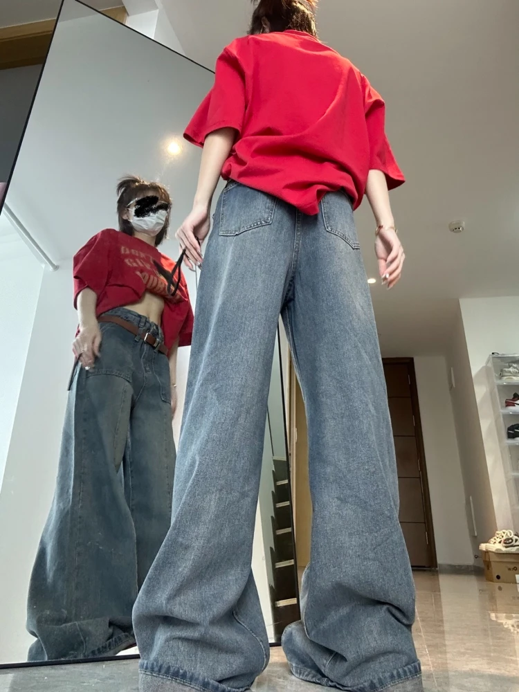 ADAgirl Vintage Blue Wide Leg Jeans Women Y2k Street Casual Pocket Loose Straight High Waist Denim Trousers Harajuku Mujer Pants