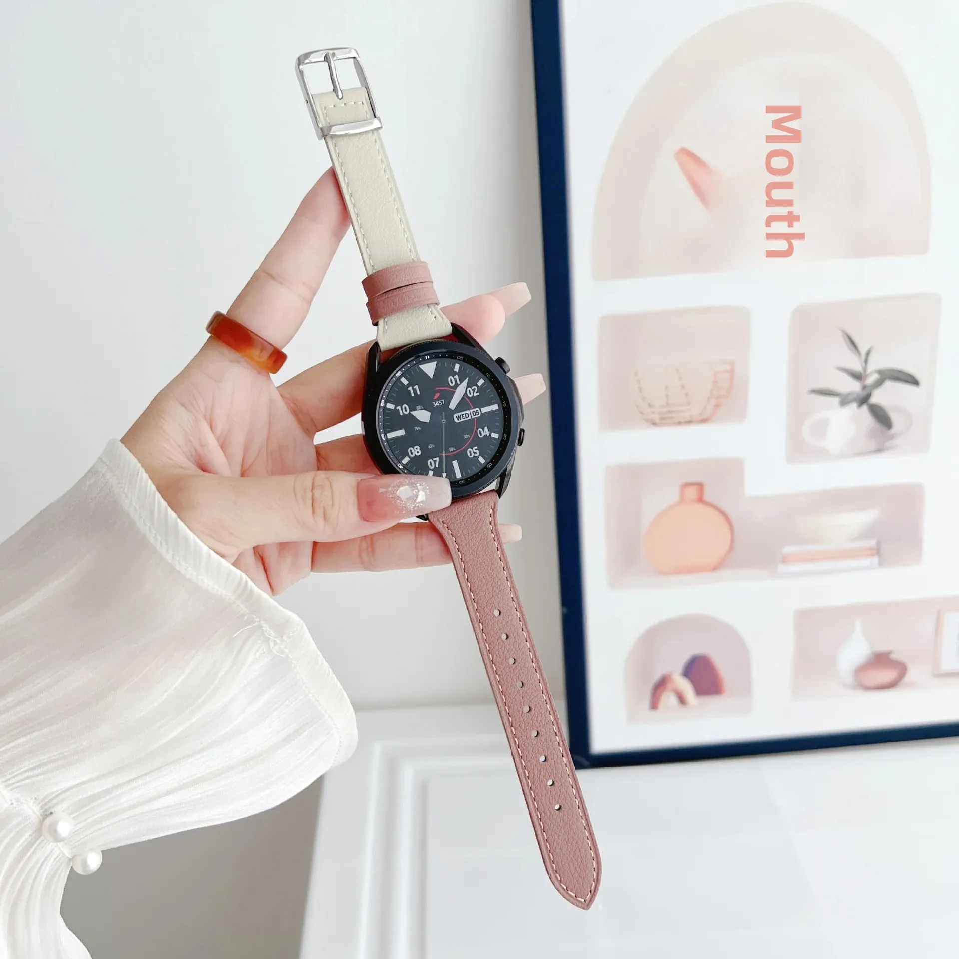 Color Block Genuine Leather Watch Band Suitable For Samsung Watch3/GT3/Huawei Motorcycle Electronic Accessories Replacement