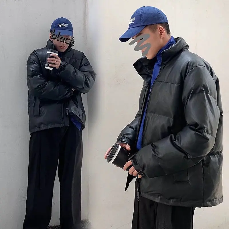 

Толстая однотонная мужская парка Hybskr, большие размеры, теплая зимняя куртка из искусственной кожи на молнии в стиле Харадзюку, Модные свободные куртки с хлопковой подкладкой