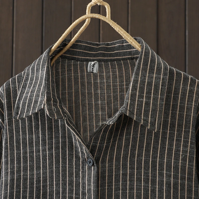 Хлопково-льняное полосатое платье-рубашка женское в корейском стиле элегантная