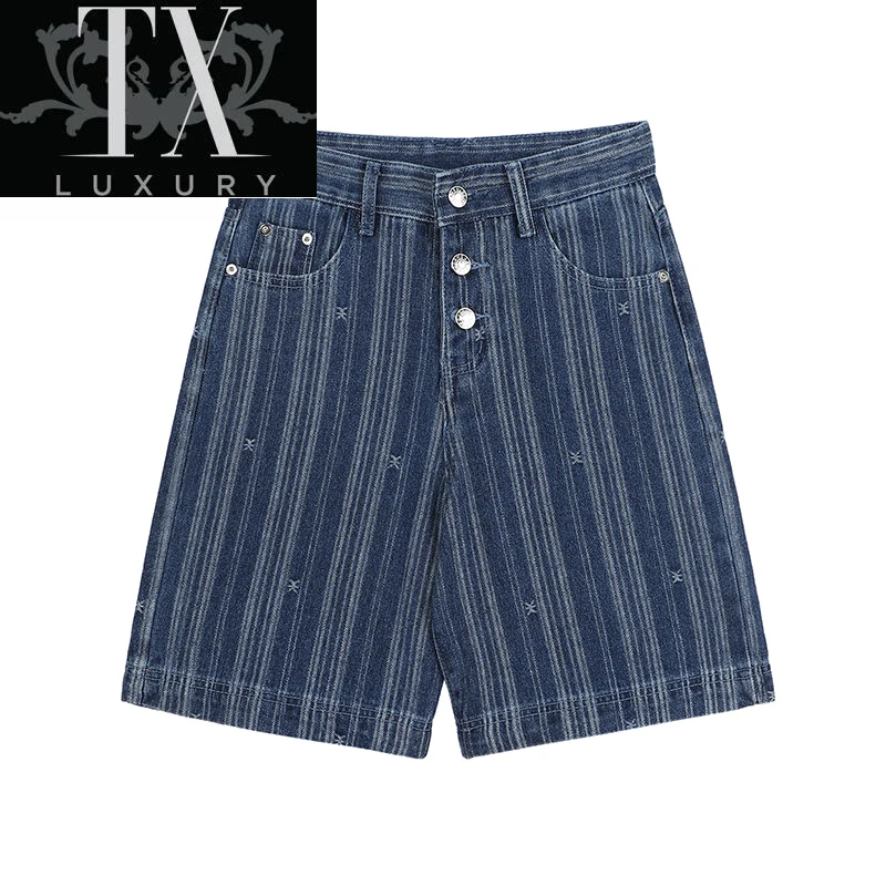

Striped Denim Shorts Women's Summer Korean Chic Vintage Washed High Waist All-Match Loose Wide Leg 5 Point Jeans Female