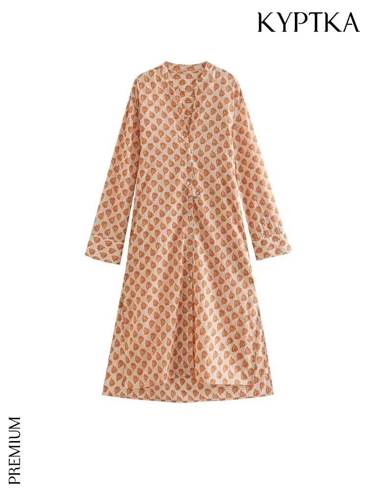 

Женское винтажное платье миди KYPTKA, черное платье с принтом, пуговицами спереди, V-образным вырезом и длинным рукавом,