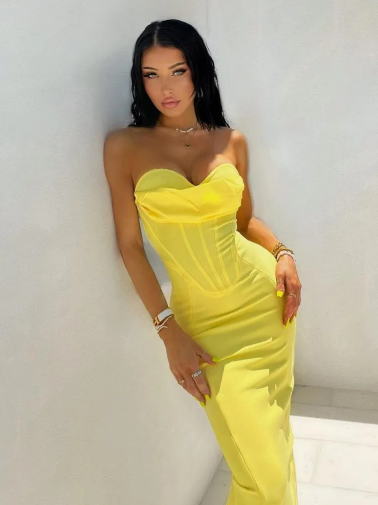 

High Quality Yellow Color Women Sexy Strapless Bodycon Mid-calf Bandage Dress Birthday Party Homecoming Celebrate Dress