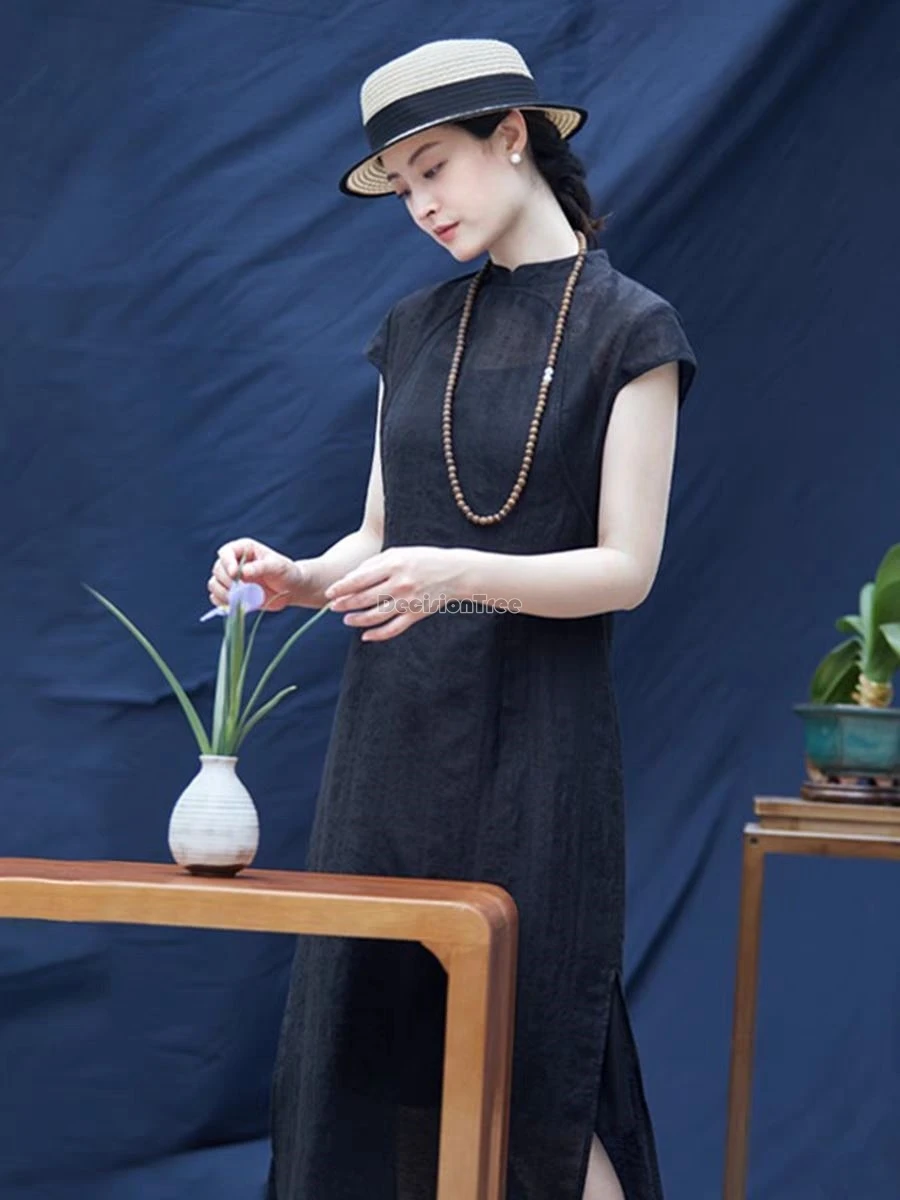 2024 Ретро китайское этническое стильное хлопковое льняное платье Ципао летнее