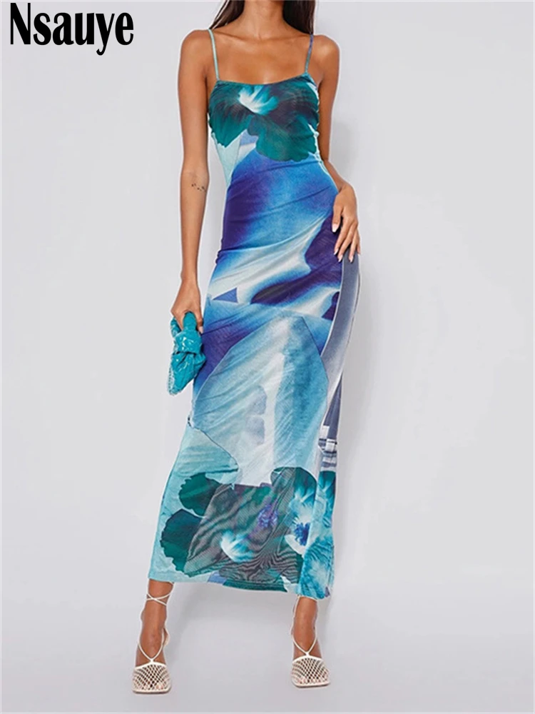

Nsauye Summer 2022 Women Blue Print Elegant Spaghetti Strap O Neck Long Dress Evening Party Club Y2K Casual Beach Maxi Sundress