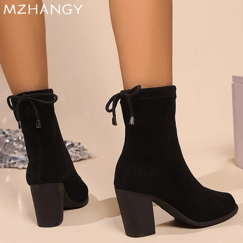Женские замшевые ботильоны на высоком каблуке модная зимняя обувь массивном