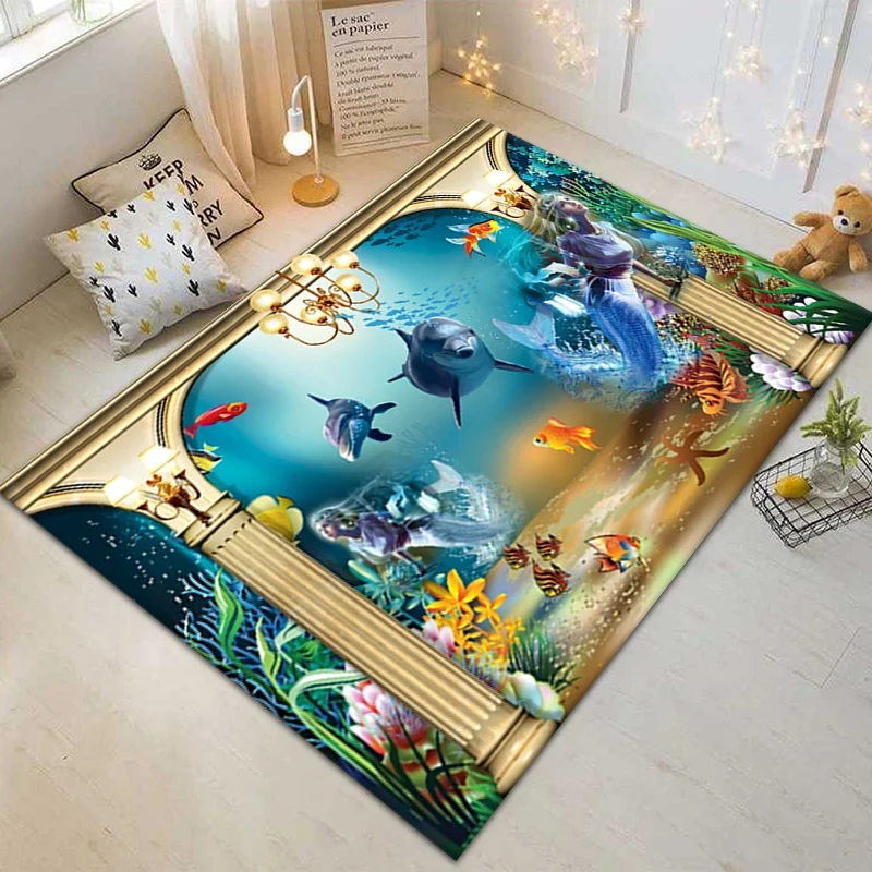 

Ocean Dolphin Living Room Carpets Floor Area Rug Kids Play Gaming Rug Room Kitchen Bedroom Mat Crystal Velvet Entrance Doormat